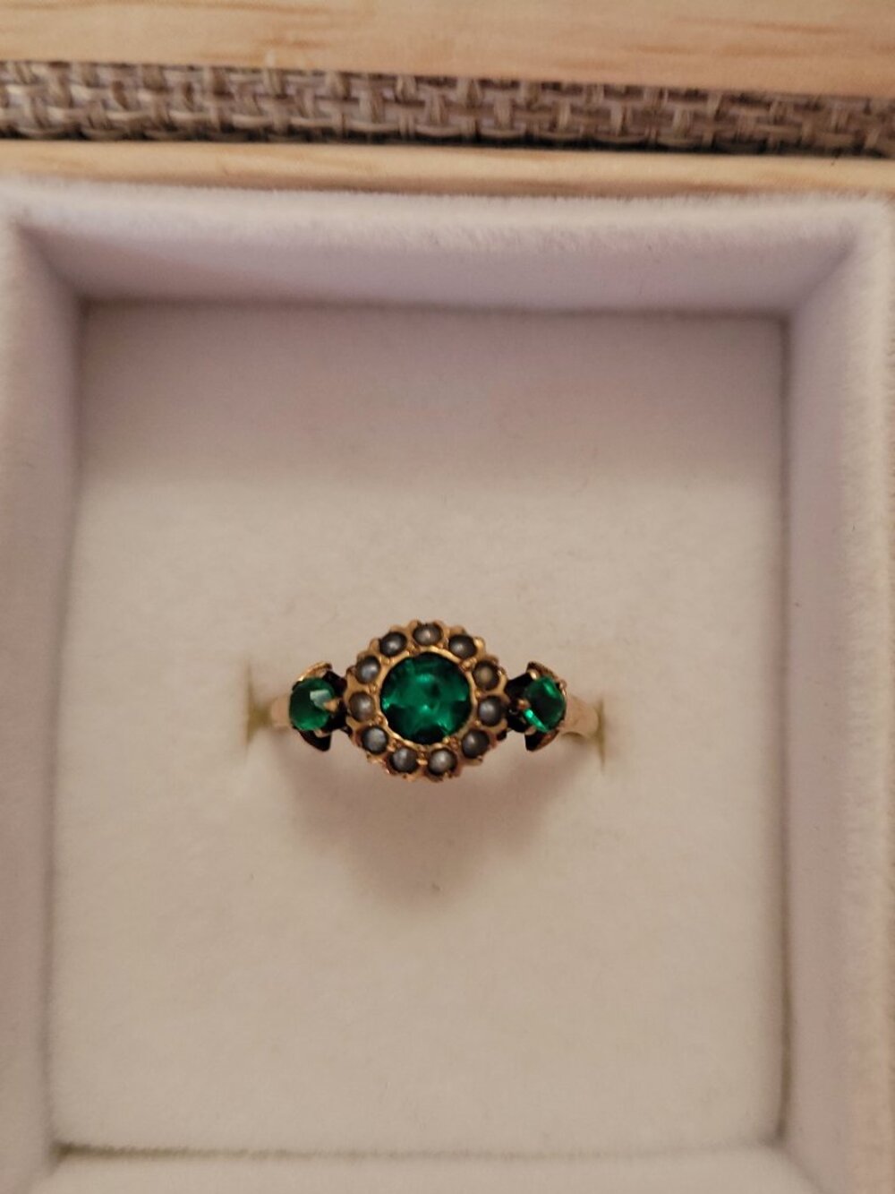 Victorian Emerald Green Stones Pearls 10k Gold Vintage Ring May June Birthstones - Picture 4 of 16
